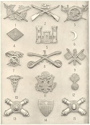 Seller image for Insignia United States Army; 1. Judge-Advocate General's department; 2. Infantry; 3. Inspector General's Staff; 4. Pay department; 5. Engineer Corps; 6. Subsistence Department; 7. Quartermaster's Department; 8. Cavalry; 9. Signal Corps; 10. Medical Department; 11. Coat of Arms; 12. Ordnance Department; 13. Field Artillery; 14. Adjutant General's Department; 15. Coast Artillery for sale by Antiqua Print Gallery