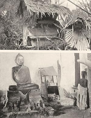 Immagine del venditore per Malay Burial-east coast - The top photograph shows the second stage of the disposal of the dead in aerial coffins. When nothing but the skeleton remains the box is broken up and the bones collected in rice-bags and mats preparatory to cremation. Below is seen the third and last stage. The bones having been calcined, the ashes are collected and placed in small pots or drums. (see the small staging to the right of the figure of Buddha.) venduto da Antiqua Print Gallery