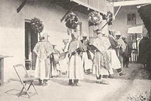 Seller image for Dance of the quichua Indians - These dances take place at the sacred feasts. The dancers wear on their heads feathered adornments in the shape of the sun. Flutes and drums supply the music for sale by Antiqua Print Gallery