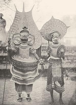 Bild des Verkufers fr Malayan Exorcists - Malayan exorcists of the west coast, clad in the appropriate disguises for carrying out their professional avocation. The disguise is said to be generally assumed at night, and the performer of the rite sometimes dances to the accompaniment of a drum near a complicated design of squares, circles, and triangles, made on the ground with coloured powders zum Verkauf von Antiqua Print Gallery