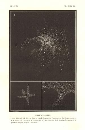 Imagen del vendedor de Amas Stellaires; 1.Amas d'Hercule (M. 13), vu dans le grand tlescope de Parsonstown, d'aprs un dessin de M.B. Stoney; -2. Amas de la Licorne (390 H.); -3. Portion de la voice Lacte voisine de la queue du Scorpion, d'aprs J. Herschel a la venta por Antiqua Print Gallery