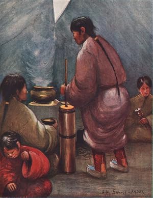 Interior of a Tibetan tent, showing churn for mixing tea with butter