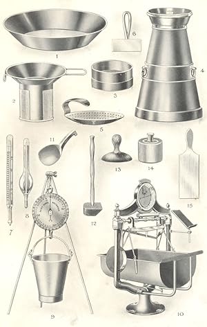 Seller image for Dairy Appliances   I; 1. Milk Plate. 2. Milk Strainer. 3. Hair Sieve. 4. Railway Can. 5. Milk Skimmer. 6. Squeegee. 7,8. Dairy Thermometers. 9. Milk Balance. 10. Milk-weighing Machine. 11. Butter Scoop. 12. Butter Beater. 13. Butter Print. 14. Butter Mould. 15. Scotch Hand for sale by Antiqua Print Gallery