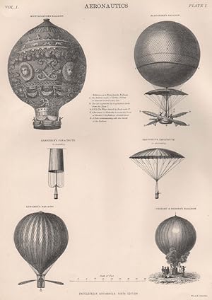 Aeronautics; Montgolfier's Balloon; Blanchard's Balloon; Garnerin's Parachute in ascending; Garne...