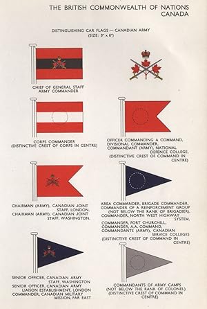 Immagine del venditore per The British Commonwealth of Nations Canada; Distinguishing car Flags-Canadian Army; Chief of General Staff Army Commander; Corps Commander (Distinctive Crest of Corps in Centre); Officer Commanding A Command, Divisional Commander, Commandant (Army), National Defence College, (Distinctive Crest of Command in Centre); Chairman (Army), Canadian Joint Staff, London. Chairman (Army), Canadian joint Staff, Washington; Area Commander, Brigade Commander, Commander of a Reinforcement group; Senior officer, Canadian army Staff, Washington; Commandants of Army Camps venduto da Antiqua Print Gallery