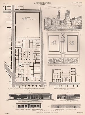 Image du vendeur pour Architecture Roman; Fig. 1. Plan of Roman Mansion, with the houses, shops & streets, surrounding it, from Pompeii; Fig. 2. Section of the above Mansion (Fig. 1.) on the line a.a; Fig. 3. Entrance Elevation to the street of the above Mansion (Fig. 1.); Fig. 4. Sketch of the Entrance to the Mansion (Figs. 1. 2. & 3) in its present state; Fig. 5. Specimen of the mode of ornamenting the sides of rooms in Pompeii; Fig. 6. Plan of a Roman Mansion in a private street; Fig. 7. Section of the above Mansion (Fig. 6.) on the line b.b; Fig. 8. Elevation to the street of the above Mansion (Fig. 6.) mis en vente par Antiqua Print Gallery