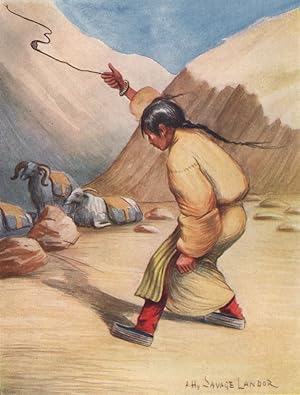 Bild des Verkufers fr Tibetan woman using a sling for throwing stones zum Verkauf von Antiqua Print Gallery