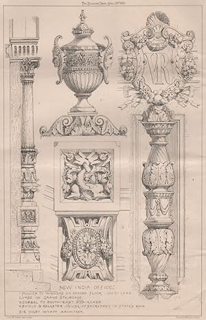 Imagen del vendedor de New India office; 1. Mullion to windows on second floor courtyard; 2. Vase on grand staircase; 3. Corbel to south-east Staircase; 4. Shield & baluster ceiling of Secretary of State's room; Sir Digby Wyatt, Architect a la venta por Antiqua Print Gallery