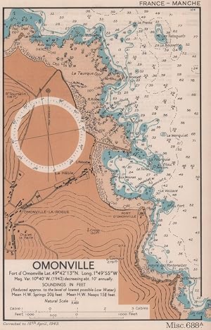 Omonville. Fort d'Omonville. Lat.49°42' 13"N. Long. 1°49'55"W mag. var. 10° 40' W. (1943) decreas...