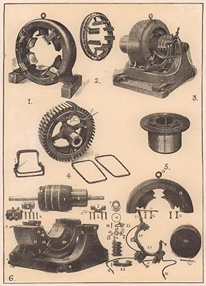 Seller image for Dynamo-Electric Machinery : 1. Multipolar field Frame. 2. Rocker Arm and Brush Holder. 3. Direct Current Dynamo, Complete. 4. Direct Current Armature Core, Showing Method of Winding and Applying formed Coils. 5. Commutator. 6. Dissected Direct Current Dynamo : 1. Armature (includes 2 and 3); 2. Commutator; 3. Shaft; 4. Base; 5. Bearing Cap; 6. Bearing Cap Screws; 7. Oil Cock; 8. Oil Hole Cover; 9. Journal Box; 10. Oil Ring; 11. Lower Magnet Frame (includes 13 and 14); 12. Upper Magnet Frame (includes 13 and 14); 13. Pole; 14. Pole Shoe; 15. Eye Bolt; 16. Magnet Frame Bolts; 17. Terminal Board; 18. Terminal Block; 19. Compounding Rectifier; 20. Field Coil; 21. Field Cable; 22. Rocker Seat with Screws; 23. Brush Rigging (includes 24, 25, 26, 27, 28, 29, 30, 31, 32 and 33); 24. Rocker (includes 25); 25. Rocker Handle; 26. Brush Stud; 27. Brush Stud Nut; 28. Brush Stud Insulating Washer (Round Hole); 20. Brush Stud insulating washer (Oval Hole); 30. Brush Stud Insulating Sleeve; 31. Brush for sale by Antiqua Print Gallery