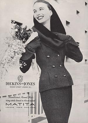 Dickins and Jones, Regent street London W.I.; Tessellated Tweed suit ring stole lined in black ve...