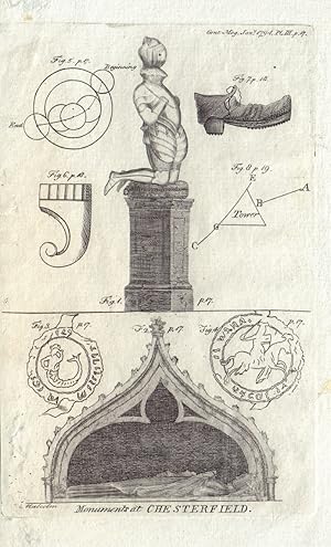 Seller image for Fig 1. [Monument figure of a man in armour, in the Church at Chesterfield, Derbyshire]. Fig 2. Monumental figure of a woman recumbent there]. Fig 3. [Seal, a mermaid, affixed to a deed of William Briwer]. Fig 4. [Seal, an armed man on horseback affixed to a deed of Wake's grant to the burough of Chesterfield]. Fig 5. [A Lunnar Eclipse]. Fig 6. [An heraldic figure, a Rest, or Clarion]. Fig 7. [Shoe of the sixteenth century]. Fig 8. [Plan of a triangular Tower at Ashby Castle, Leicester] Monuments at Chesterflied. for sale by Antiqua Print Gallery