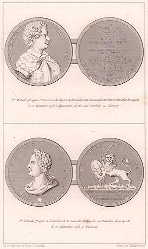 Imagen del vendedor de 1re. mdailles frappes  L'occasion du dpart de Versailles, et de la nouvelle lection du roi Stanislas Leszczynski le 12 September 1733 a Warsovie, et de son arrive  Danxig: 2me. Mdaille Frape  l'occasion de la nouvelle lction du roi Stanislas Leszczynski le 12 September 1733,  Warsovie a la venta por Antiqua Print Gallery