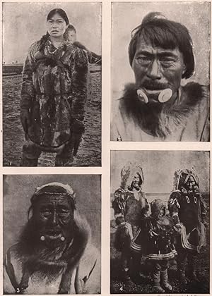 Seller image for 1. Eskimo Mother and Child. The women carry their children this way in a deep hood on long journeys. This lady is wearing a suit of "imported" furs. 2. A characteristic head of one of the Eskimos in his prime. The bone ornaments in the lip are particularly interesting. These large "tootucks," as they are called, are considered worth 100 white fox skins per pair. They are stuck through gaping holes made in the lip for the purpose. 3. A Kookpugmioot Eskimo. 4. Eskimo Women and Child. These are of the Kookpugmioot tribe. There is little real difference between the various tribes save in the matter of locality. The women of the picture have rather better and neater furs than the average Eskimo women for sale by Antiqua Print Gallery