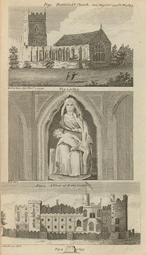 Immagine del venditore per Fig 1. [View of the] Church of Battlefield [Salop]. Fig 2. [Image of the Virgin and Child there]. Fig 3. [S.] View of Raby Castle [Durham]. Fig 4. [A Grave-stone for Dame Joane at White Ladies, Salop]. venduto da Antiqua Print Gallery