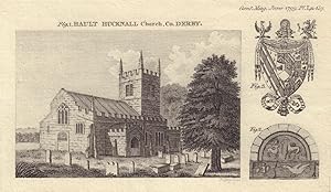 Fig 1. [View of the] Hault Hucknall Church, Co [in] Derbyshire. Fig 2. [Sculpture over the West e...