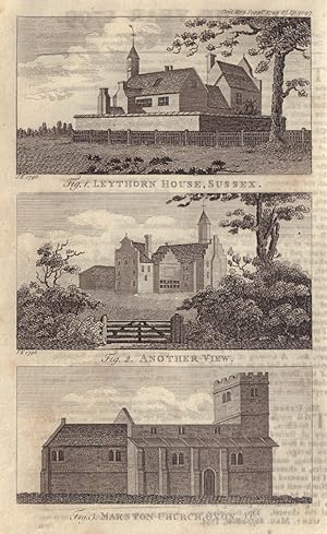 Seller image for Fig 1 & 2. [View of] Leythorn House, [Sussex]. Fig 3. [Elevation of the] Church of Marston, Oxon ; N.E. [in Oxfordshire]. for sale by Antiqua Print Gallery
