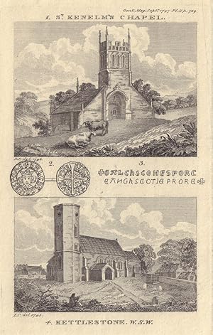 Fig 1. [View of] St. Kenelm's Chapel [at Hales-Owen, Shropshire]. Fig 2 & 3. [A conterfeit Sterli...