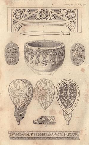 Seller image for Fig 1. [A Sketch of the Upper Part of a Chimney-piece remaining in the town of Shaftesbury in Dorset]. Fig 2. [An Antient Sword found in the River Larkin Suffolk]. Fig 3. [The Saxon Font found under the floor of the Church of Severn Stoke, Worcestershire]. Fig 4 & 5. [Representations of a Stone communicated by Rev. John Topham of Bromsgrove School, Worcestershire]. Fig 6. [Anglo Saxon Jewel of St. Neot now held at he Ashmolean Museum in Oxford]. for sale by Antiqua Print Gallery