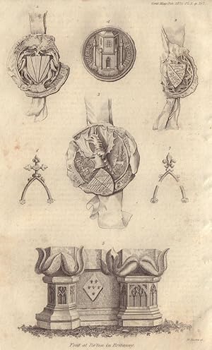 Image du vendeur pour Fig 1 to 3 [Seals of Sir Guy Bryan, Sir Robert Fitzpayn and Sir Robert de Poynings. Fig 4 [Matrix of a Bronze Seal]. Fig 5 to 7 [Font and Window of the Church of Bton] mis en vente par Antiqua Print Gallery