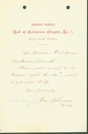 Seller image for Masonic Temple. Hall of California Chapter, No. 5, Royal Arch Masons, San Francisco, 1888 (letterhead) for sale by Eureka Books
