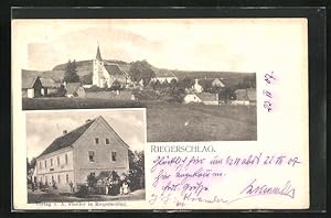 Ansichtskarte Riegerschlag, Blick auf Kirche im Ort, Wohnhaus