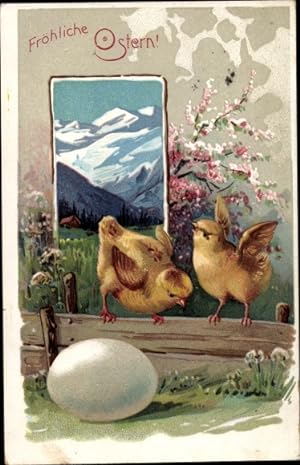 Ansichtskarte / Postkarte Glückwunsch Ostern, Küken, Osterei, Blühende Bäume