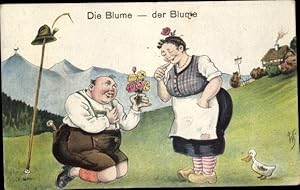 Bild des Verkufers fr Knstler Ansichtskarte / Postkarte Mann schenkst seiner Geliebten einen Blumenstrau, Die Blume - der Blume zum Verkauf von akpool GmbH