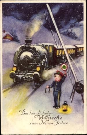 Ansichtskarte / Postkarte Glückwunsch Neujahr, Bahnvorsteher, Eisenbahn, Hufeisen