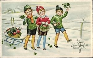 Ansichtskarte / Postkarte Glückwunsch Neujahr, Mädchen, Glücksklee, Schlitten, Pilze, Hufeisen - ...