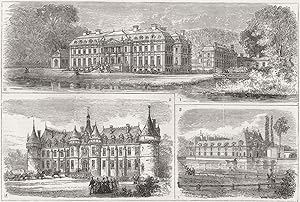 Image du vendeur pour Places visited by the Prince: 1. Castle of Dampierre, belonging to the Duchesse de Luynes - 2. Castle of Esclimont, belonging to the Duc de Rochefoucauld-Bisaccia - 3. Castle of Chantilly, belonging to the Duc d'Aumale - The Visit of the Prince of Wales to France mis en vente par Antiqua Print Gallery