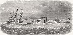 The Federal ironclad Monadnock towing a disabled gun-boat in a storm off Cape Hatteras