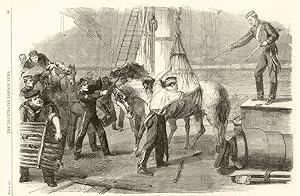 The Reinforcements for Canada: Shipping horses on board the Calcutta at Woolwich by the hydraulic...