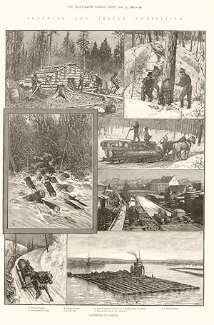 Lumbering in Canada. 1. Felling Timber, 2. Lumbermen's Camp, 3. Timber Sledge, 4. A Roll-way, 5. ...