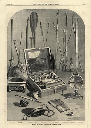 Seller image for Relics of the Franklin Expedition - 1. Medicine-chest, 2 English gun, 3. Bag in which flag was found, 4. Powder-flask, 5. Dipping-needle, 6. Vesta-box, 7. Prayer-book, 8. Ship-block, 9. Snowg-oggles, 10, Ice Implement, 11. Bag, 12. Stove, 13. Ring, 14. Spectacles, 15. Esquimaux-weapons in the background for sale by Antiqua Print Gallery