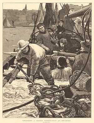 Unloading a French herring-boat at Boulogne, by Lionel Smyth