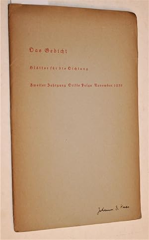 Seller image for Gedicht in einer alten Stadt. = Das Gedicht. Bltter fr die Dichtung. II. (=2.) Jahrgang, 3. Folge, Oktober 1935. for sale by Versandantiquariat Kerstin Daras