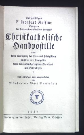 Bild des Verkufers fr Christkatholische Handpostille. zum Verkauf von books4less (Versandantiquariat Petra Gros GmbH & Co. KG)