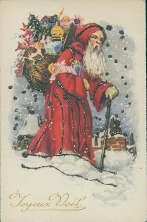 Glitzer Ansichtskarte / Postkarte Glückwunsch Weihnachten, Weihnachtsmann mit Geschenken im Schnee