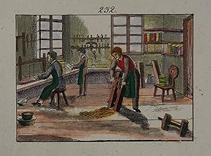 Der Buchbinder. Bibliopegus. Le Relieur. Altkolorierte Lithographie aus Orbis pictus um 1840, 6,5...
