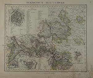 Seller image for Herzogthum Braunschweig. Kolorierte Stahlstichkarte nach A. Gotthard aus "Meyer's Hand-Atlas" Hildburghausen, Bibliographisches Institut 1851, 29 x 35,5 cm for sale by Antiquariat Johannes Mller