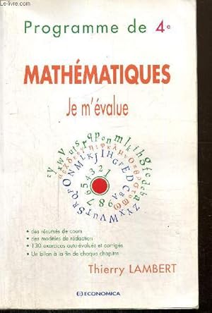 Image du vendeur pour Mathmatiques, je m'value - Programme de 4e mis en vente par Le-Livre