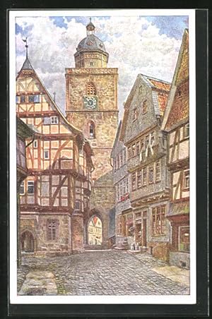 Künstler-Ansichtskarte Alsfeld in Hessen, Strasse unter dem Turm, Fachwerkhäuser
