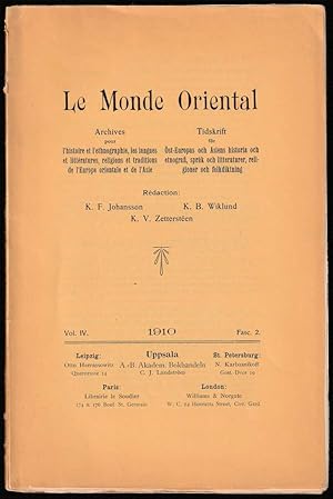 Seller image for Le Monde Oriental. Archives pour l'histoire et l'ethnographie, les langues et litteratures, religions et traditions de l'Europe orientale et de l'Asie. Vol IV, Fasc. 2. for sale by Antiquariat Dennis R. Plummer