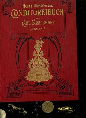 Bild des Verkufers fr Neues illustriertes Conditoreibuch [Konditoreibuch]. Ein praktisches Lehr- und Handbuch fr Conditoren, Feinbcker, Lebkchner, Patissiers, Kche, Hoteliers, Cafetiers, Chokolade- und Likrfabrikanten, sowie auch fr jede Hausfrau. Ausgabe A mit 88 Tafeln [meist] in Farbendruck. - Mnchen, Killinger 1908; - 8. bedeutend vermehrte Auflage. 28x20 cm. XXIV, XXII, 231 (1) Seiten mit 88 grtenteils chromolith. Farbtafeln. Original roter Leinwandeinband mit goldgeprgter Deckelvignette und Deckeltitel. Einband minimal bestoen; innen teils gering stockfleckig- sonst guter Zustand. Achte bedeutend vermehrten und verbesserten Auflage. zum Verkauf von Umbras Kuriosittenkabinett