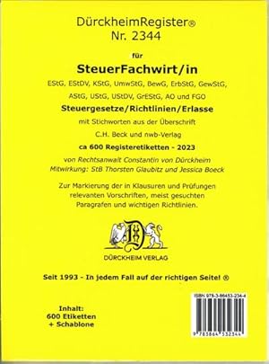 Bild des Verkufers fr DrckheimRegister STEUERFACHWIRT/IN 2023 Steuegesetze- Richtlinien + Erlasse mit Stichworten : 600 Registeretiketten (sog. Griffregister) fr die STEUERGESETZE, RICHTLINIEN, und ERLASSE (AEStG, EStDV, GewStG, UStG, ErbStG, AO, FGO und viele mehr). Mit den wichtigsten Gesetzen, Paragrafen und STICHWORTEN aus der amtlichen berschrift. In jedem Fall auf der richtigen Seite zum Verkauf von AHA-BUCH GmbH