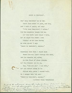 Seller image for Sweet is Travellin' (typed broadside poem) for sale by Eureka Books