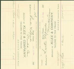 Klee & Company, Tailors to the Trade, 15-17-19 & 21 Lafayette Place, New York (2 billheads)