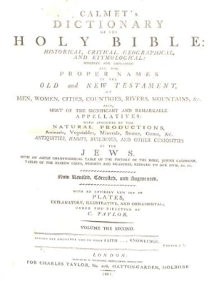 Bild des Verkufers fr Calmet's Dictionary of the Holy Bible Historical Critical Geographical and Etymological Volume I and Volume the Second zum Verkauf von WeBuyBooks