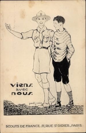 Ansichtskarte / Postkarte Viens avec nous, Pfadfinder und Junge, Scouts de France, Rue St. Didier...
